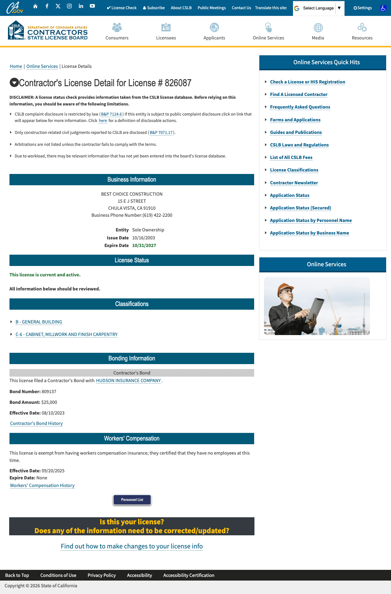 CSLB license record showing active status, classifications, bond, and workers comp information