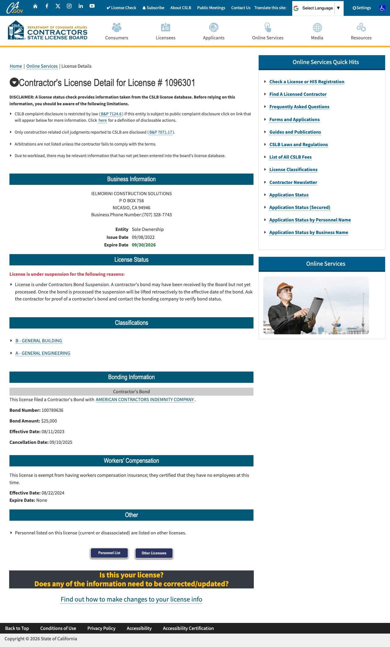 CSLB license detail page showing a suspended contractor license with bond suspension notice